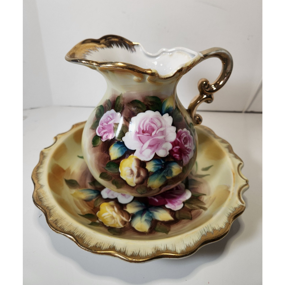 Vintage Enesco Imports Pitcher Vase & Basin Porcelain Floral Gold Gilded Japan
